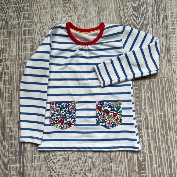 unknown Other - Zara Kids Long Sleeve Striped Tee with Floral Pockets - Blue and White